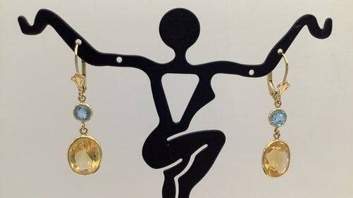14K Yellow Gold Blue Topaz & Citrine Earrings Earrings weigh 2.9 TGW
