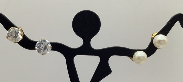 14K Yellow Gold CZ & Pearl Earrings Earrings weigh 1.7 Grams for Both