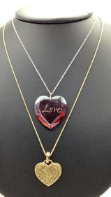 925 Vermeil Gold Druzy Heart & Red Love Glass Heart Necklaces