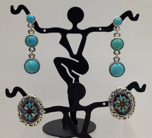 925 Sterling Carolyn Pollack Relios Mulit-Gemstone Earrings & WK 925 Sterling Turquoise Earrings