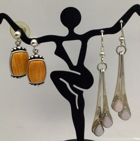 925 Sterling WJ Native American Orange Spiny Oyster Earrings & 925 Sterling Mother-Of-Pearl