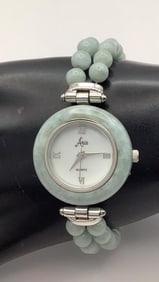 Aria 925 Sterling & Pale Green Jade Stretch Quartz Watch 40.1 TGW Watch not tested, no battery.