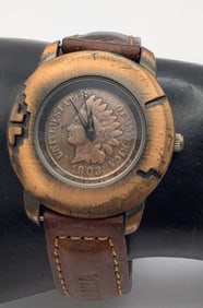 Vintage 1903 Indian Head Penny Britannia Watch Leather is dry & shows some