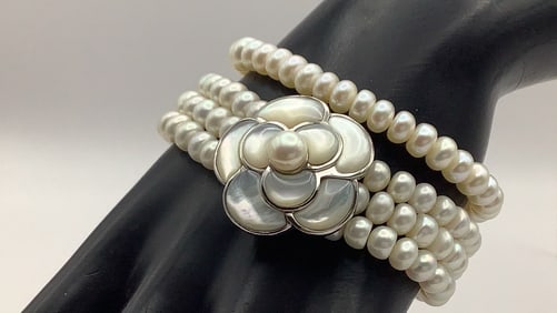 925 Sterling Honora Pearl & Mother-Of-Pearl & Single Strand Honora Pearl Bracelet 44.7 TGW