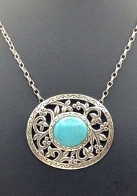 925 Open Work Sterling Turquoise Necklace Necklace weighs 17.3 TGW. Necklace measures 18"