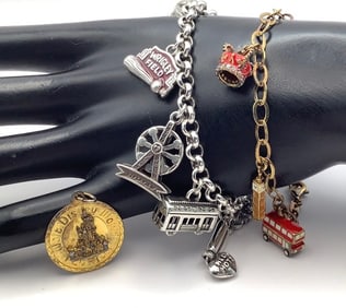 Walt Disney World Vermeil Charm Brighton State Of Illinois 8" Silver Tone Charm Bracelet & Gold Tone