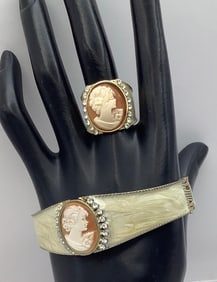 Amadeo Enamel Over Gold Tone Cameo Hinged Bracelet & Ring Ring is size 8.5.
