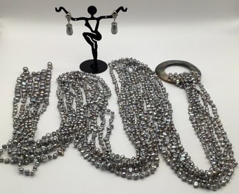 Vintage 6 Strand Freshwater Pearl Belt & Silver Tone Bead Earrings