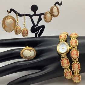 Gold Tone Cameo Bracelet Gruen Quartz Watch Earrings & Pendant
