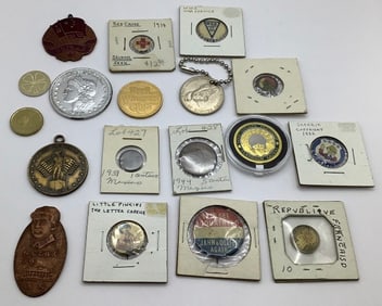 Assorted Coins Chinese Civil War Minutemen Medallion Pin Backs Novelty Coins Ect. 152.7 TGW