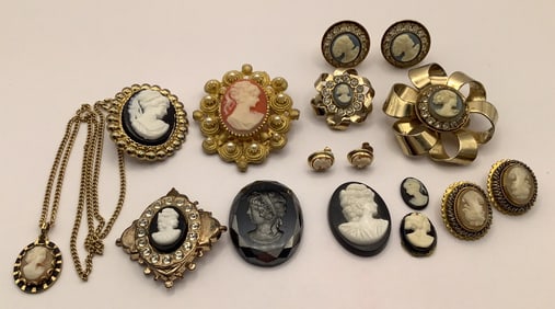 Assorted Vintage Cameos Necklace Brooches Earrings Pins