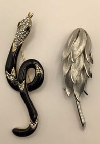 Vintage Black Enamel & Rhinestone Snake & Kramer Silver Tone Brooches Pins