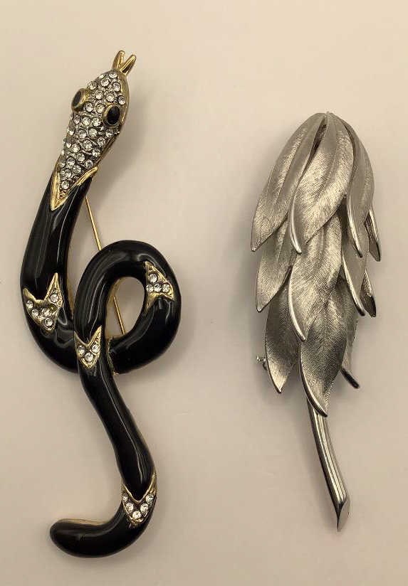 Vintage Black Enamel & Rhinestone Snake & Kramer Silver Tone Brooches Pins (1 of 10)