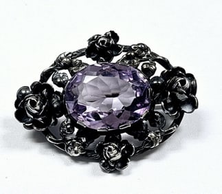 Vintage Sterling & Faceted Amethyst Brooch Germany Brooch is 1.5" wide & weighs 8 TGW