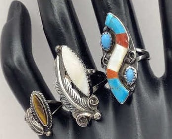 Vintage Silver Tiger Eye Mother-of-Pearl & Turquoise Coral & Mother-of-Pearl