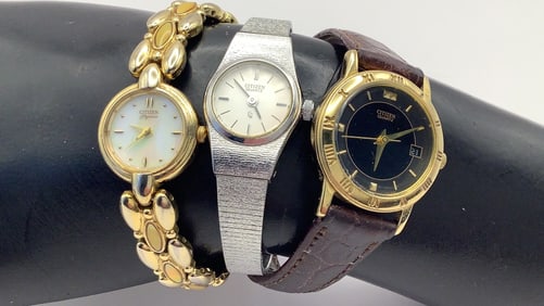 Citizen Gold & Silver Tone & Leather Band Quartz Watches