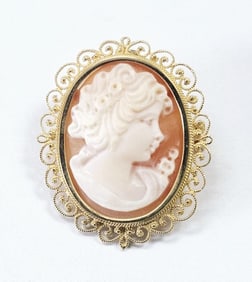14K Yellow Gold Shell Cameo Pendant Brooch Pin Acid tests 14K. Weighs 7.3 TGW