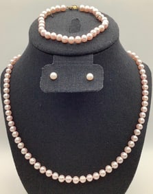 Vintage JCM Pink Pearl Necklace Bracelet & Earrings