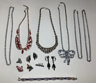 Vintage Rhinestone Necklaces Earrings Bracelet Pin Blue necklaces are 15, 16 &