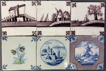 Antique Delft Tiles Set of Six Six 17th & 18th century handpainted Delft tiles. Some crazing and