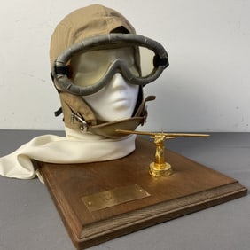 WW2 Aviator Flight Helmet & Goggles Army flight helmet, goggles, and scarf. Comes with wood base and