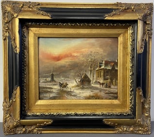 18th C Dutch Landscape Oil Painting Signed Oil painting of a winter landscape with windmill in the
