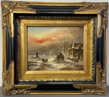 18th C Dutch Landscape Oil Painting Signed Oil painting of a winter landscape with windmill in the: Oil painting of a winter landscape with windmill in the background, signed John Moller. Ornate frame with label reading London, rest of label illegible. Artwork with frame is 17 1/4 X 15 1/2 inches in
