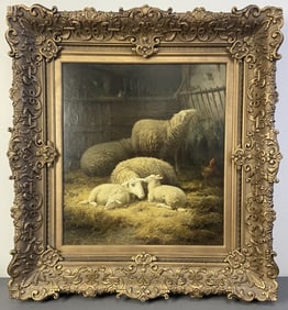 19th C. Theo van Sluys Pastoral Sheep Oil Painting Oil painting in ornate gilt frame of sheep and
