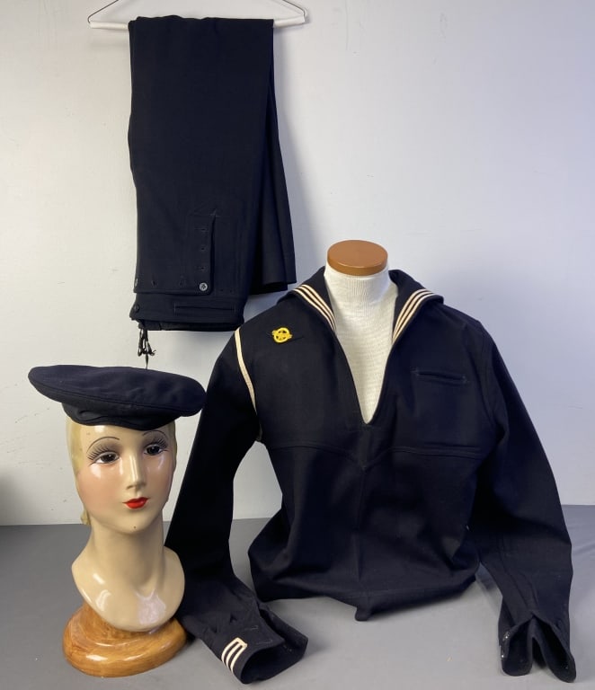 Three Piece Vintage Wool US Navy Uniform Naval uniform with hat, shirt, and pants. Hat is marked US (1 of 13)