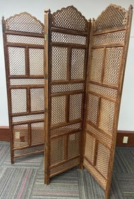 Vintage Carved Teak Room Divider Four panel carved wood room divider, hinged with carved flowers and
