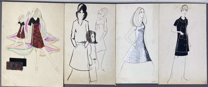 Vintage 60's Fashion Sketches Set of Four Four drawings of dress designs from the 1960's, one