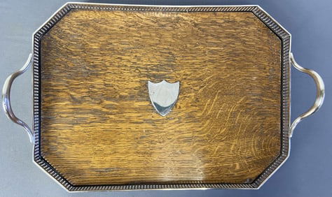 Antique 19th Century John Grinsell Sons Tray Oak and silver plate tray by John Grinsell Dons, circa