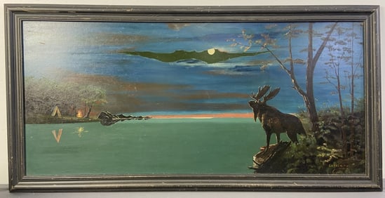 Original Woodlands Moose Oil Painting Oil painting of a moose looking up at the moon, with a tent