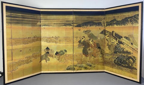 Vintage Hand Painted Japanese Folding Screen Watercolor mid century folding screen depicting rice