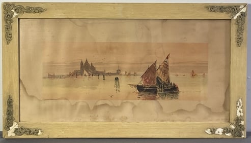 Antique 19th C. Lithograph in Frame Lithograph featuring ships in a harbor. Marked 1895 by J Hoover.