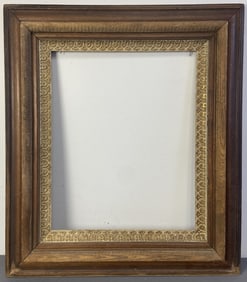 Antique 19th Century Carved Wood Frame Large wooden frame with carved shapes painted gold. Frame