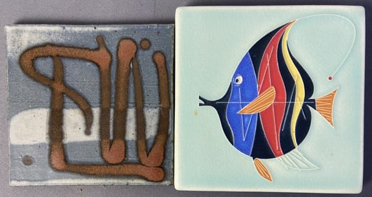 Contemporary Art Tiles Fish & Graffiti Motawi Two ceramic art tiles, one with a fish marked Motawi