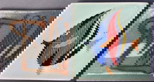 Contemporary Art Tiles Fish & Graffiti Motawi Two ceramic art tiles, one with a fish marked Motawi (1 of 6)