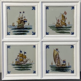 Framed Makkum Dutch Tiles Four Makkum tiles hand painted with sailing ships from the Netherlands.
