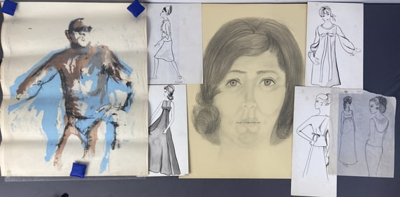 Original Artwork, Sketches Paintings Set of 6 Five fashion sketches, one pencil portrait Zod a