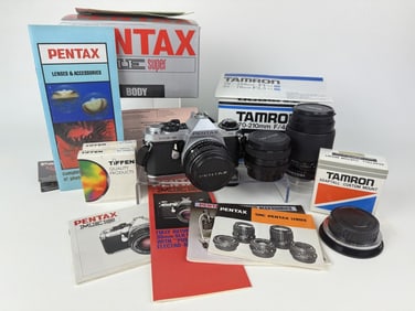 Vintage Pentax ME Super 35mm Camera Lot Includes 3 lenses some filters and other items including