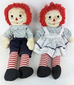 Vintage Raggedy Ann & Andy Cloth Dolls Maker unknown. Staining on faces, hands and clothing. "I love