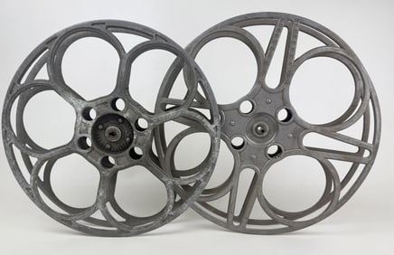 Goldberg Bros 35mm Film Aluminum House Reels 15 inches wide by 2 inches tall. From closed movie