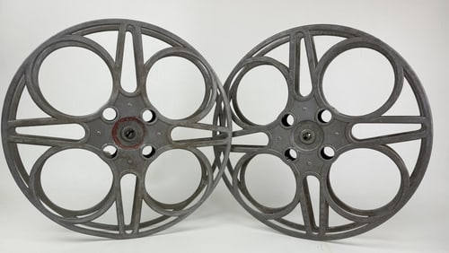 Goldberg Bros 35mm Film Aluminum House Reels 15 inches wide by 2 inches tall. From closed movie