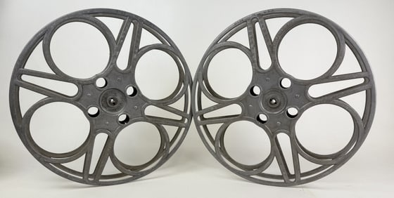 Goldberg Bros 35mm Film Aluminum House Reels 15 inches wide by 2 inches tall. From closed movie