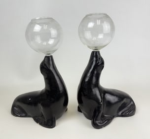 Vintage Pair Balancing Seal Vase Plaster and glass. Paint chips and deeper chips. One seal head has