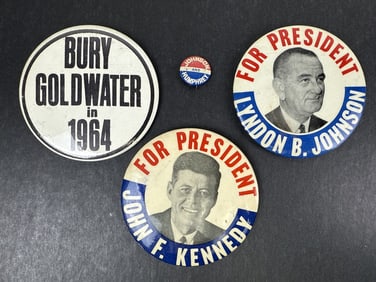 Vintage Kennedy and Johnson Campaign Buttons Three 3.5 inch wide and one .75 inch wide. Scuffs and