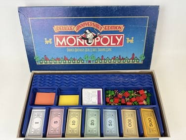 Monopoly Deluxe Anniversary Edition Includes directions and divider tray. Box has scuffs scratches.