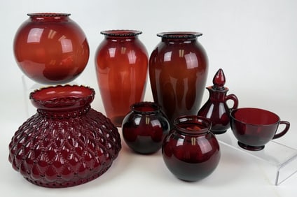 Vintage Lot Red Glass 8 pieces. Please refer to photos for items and condition details. 17 x 9 x 12