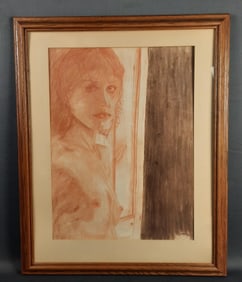 1976 Signed Ralph Drawing of Woman on Paper Artwork with frame measures 25 x 31